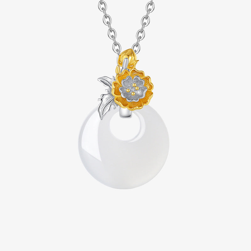 Fortune Jewel 925 Sterling Silver Round Chalcedony Twelve Months Flower Harmony Necklace Pendant