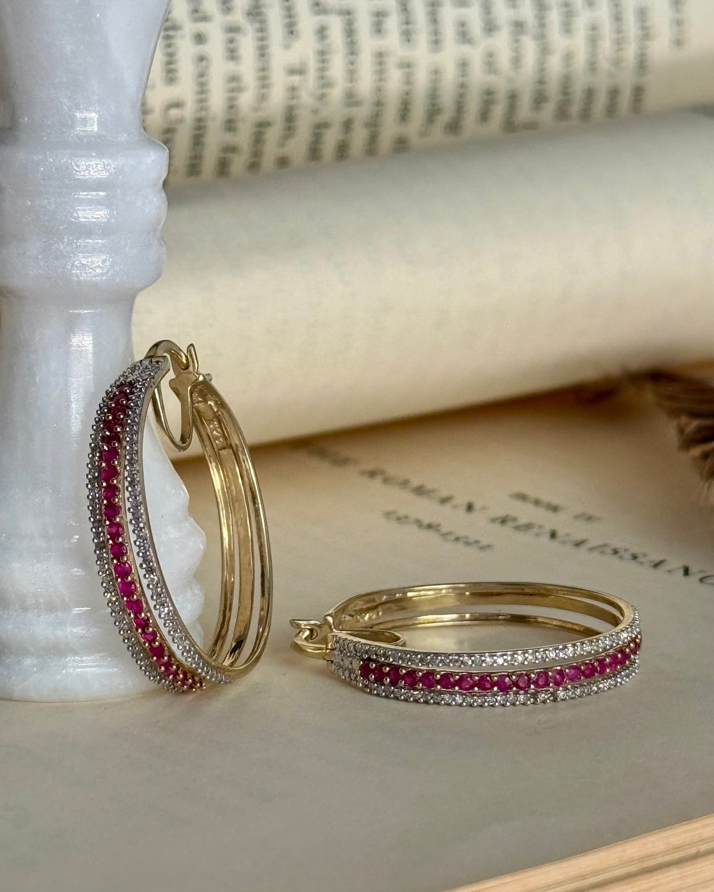 Vintage 14k Yellow Gold Natural Ruby & Diamond Hoops