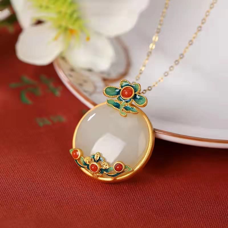 Fortune Jewel White Jade Red Agate Flower Blessing Luck Necklace Pendant