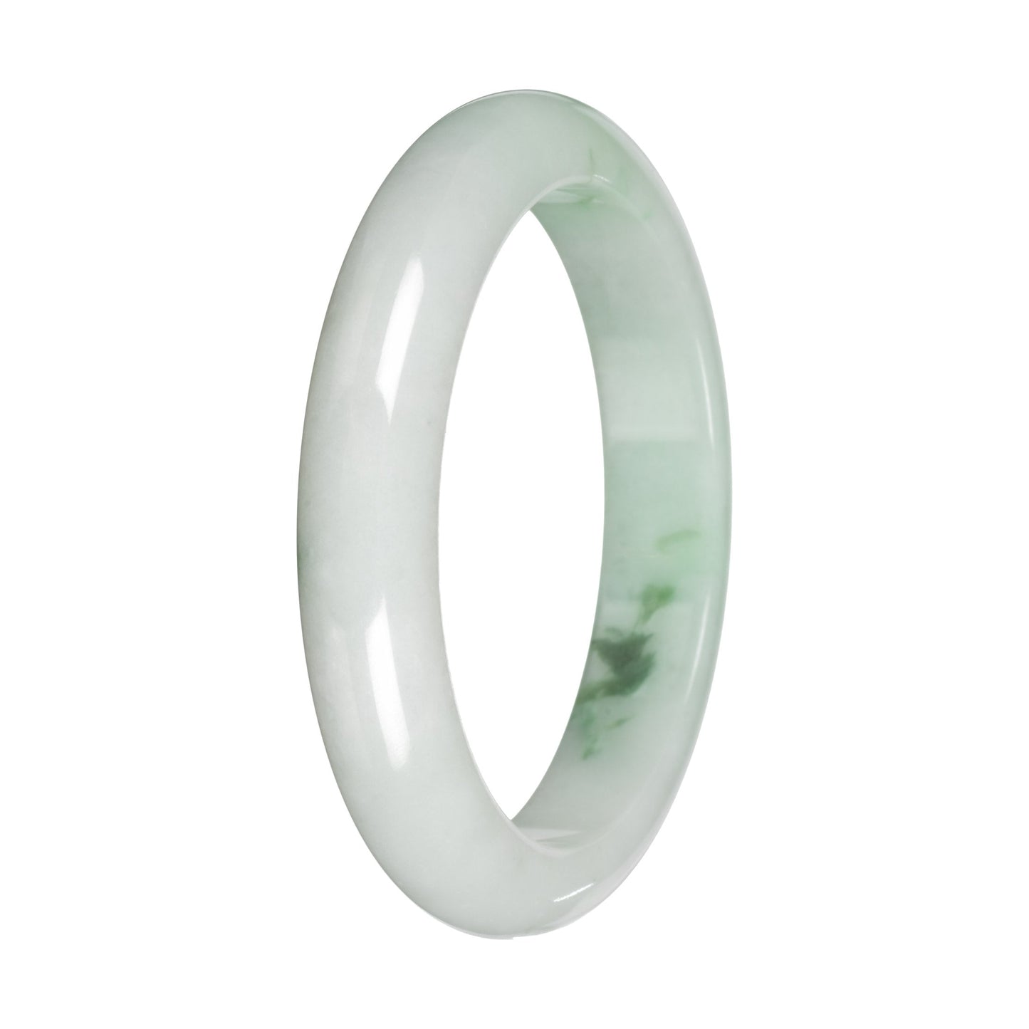 Genuine White with Green Pattern Jade Bangle - 59mm Half Moon