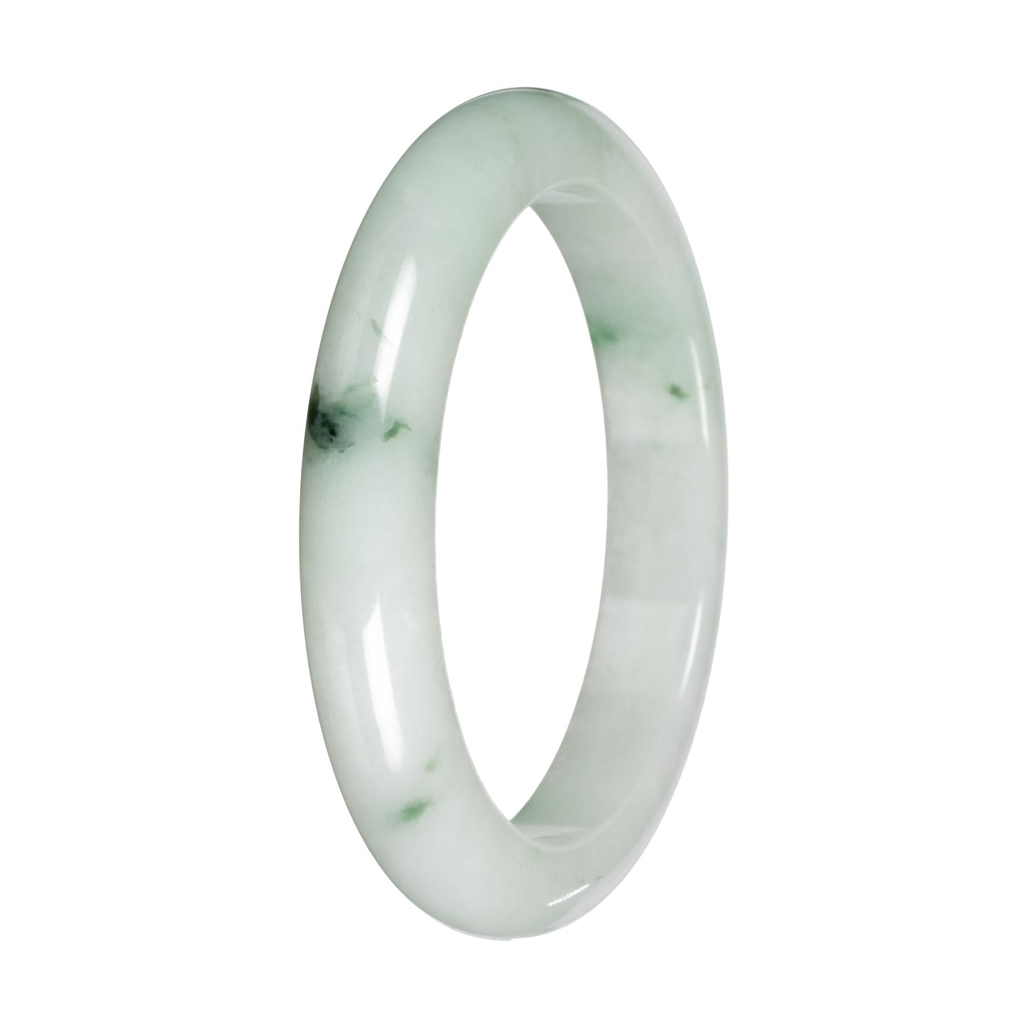Authentic White with Green Pattern Jadeite Bangle - 59mm Half Moon