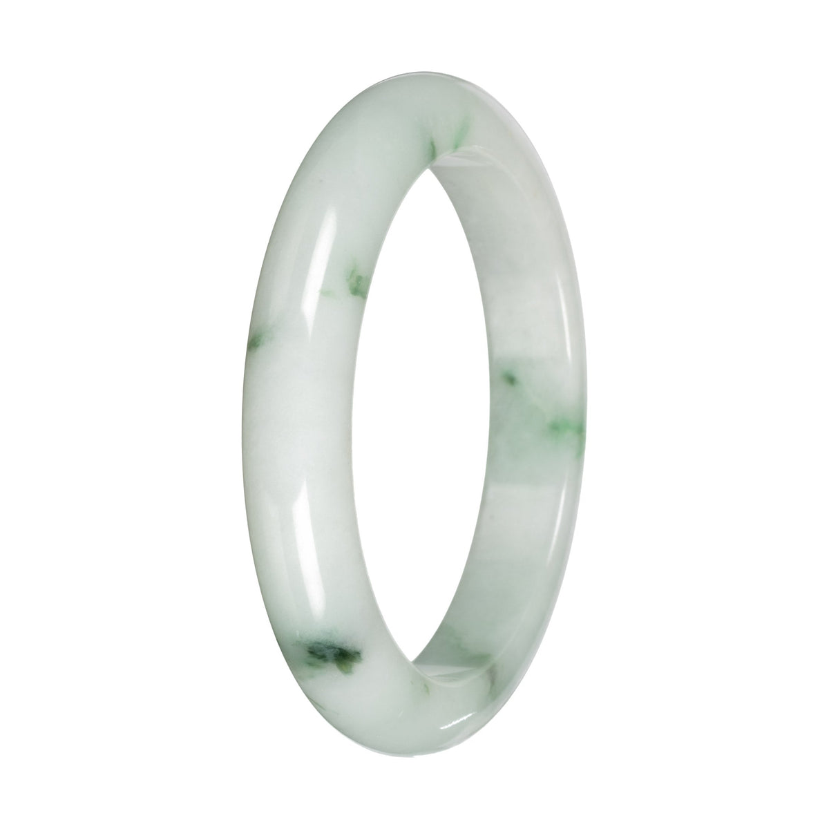 Authentic White with Green Pattern Jadeite Bangle - 59mm Half Moon
