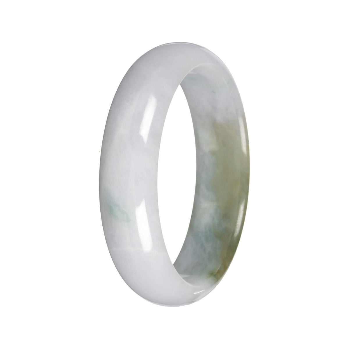 Natural White with Olive Green Pattern Traditional Jade Bangle Bracelet - 56mm Half Moon