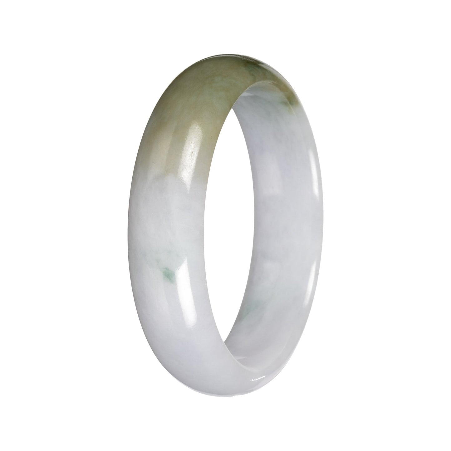 Natural White with Olive Green Pattern Traditional Jade Bangle Bracelet - 56mm Half Moon