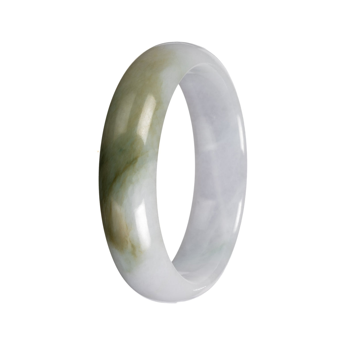 Natural White with Olive Green Pattern Traditional Jade Bangle Bracelet - 56mm Half Moon