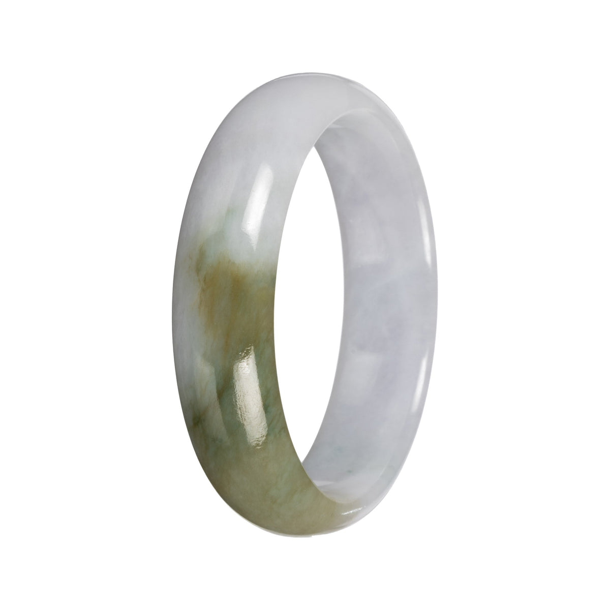 Natural White with Olive Green Pattern Traditional Jade Bangle Bracelet - 56mm Half Moon