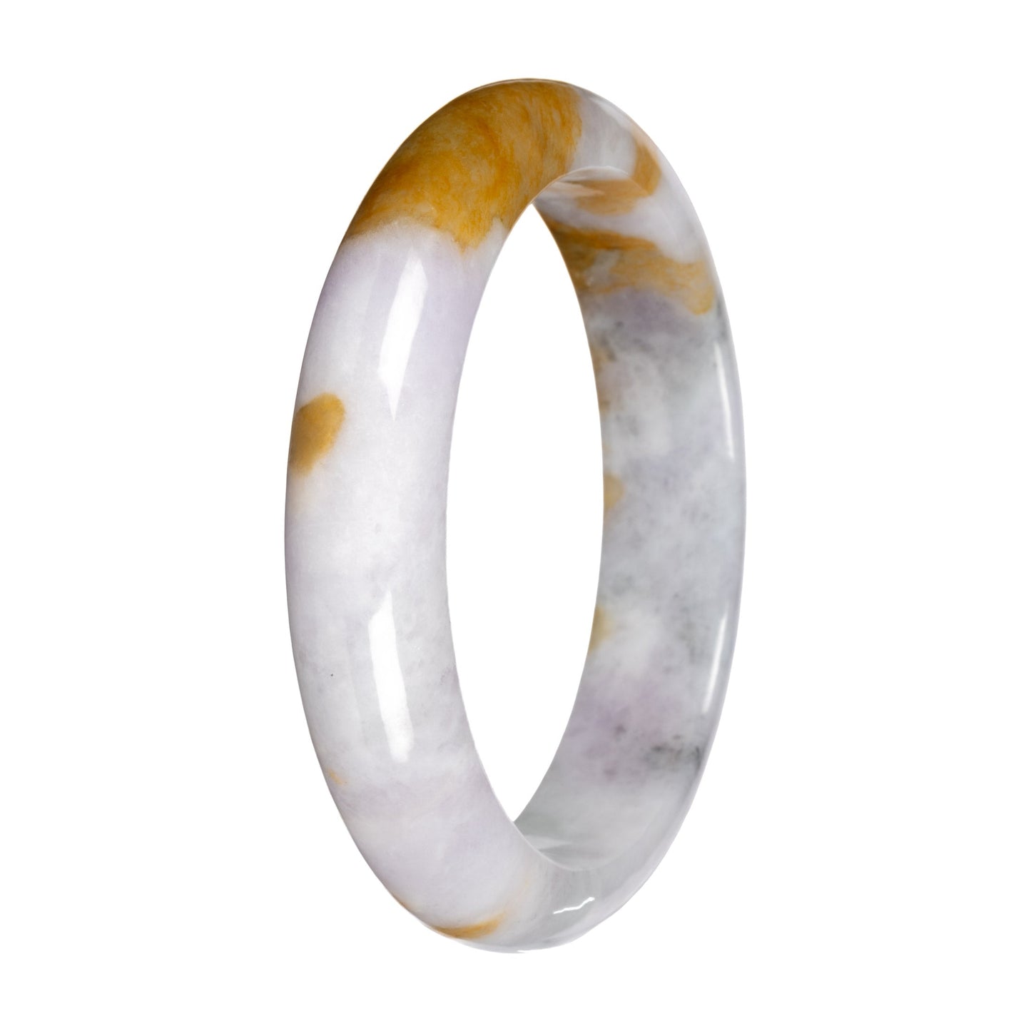 Untreated White with Light Lavender and Yellow Pattern Traditional Jade Bangle - 58mm Half Moon