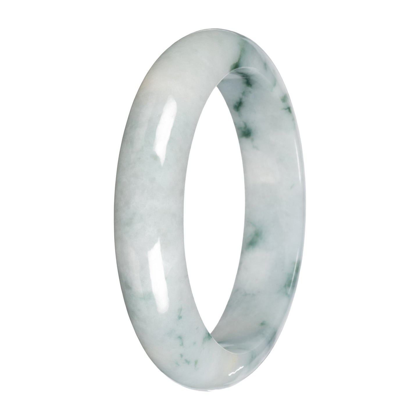 Real White with Green Pattern Jade Bangle - 59mm Half Moon