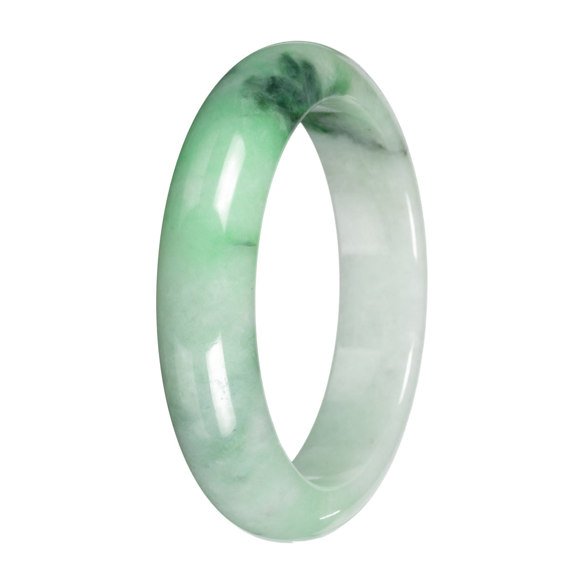 Untreated Pale Green with Apple Green and Green Pattern Burma Jade Bangle Bracelet - 57mm Half Moon