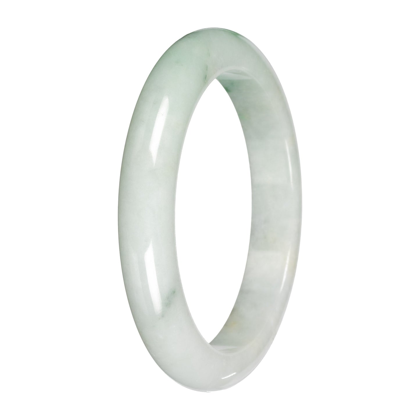 Real White with Light Green Pattern Burmese Jade Bangle - 59mm Half Moon
