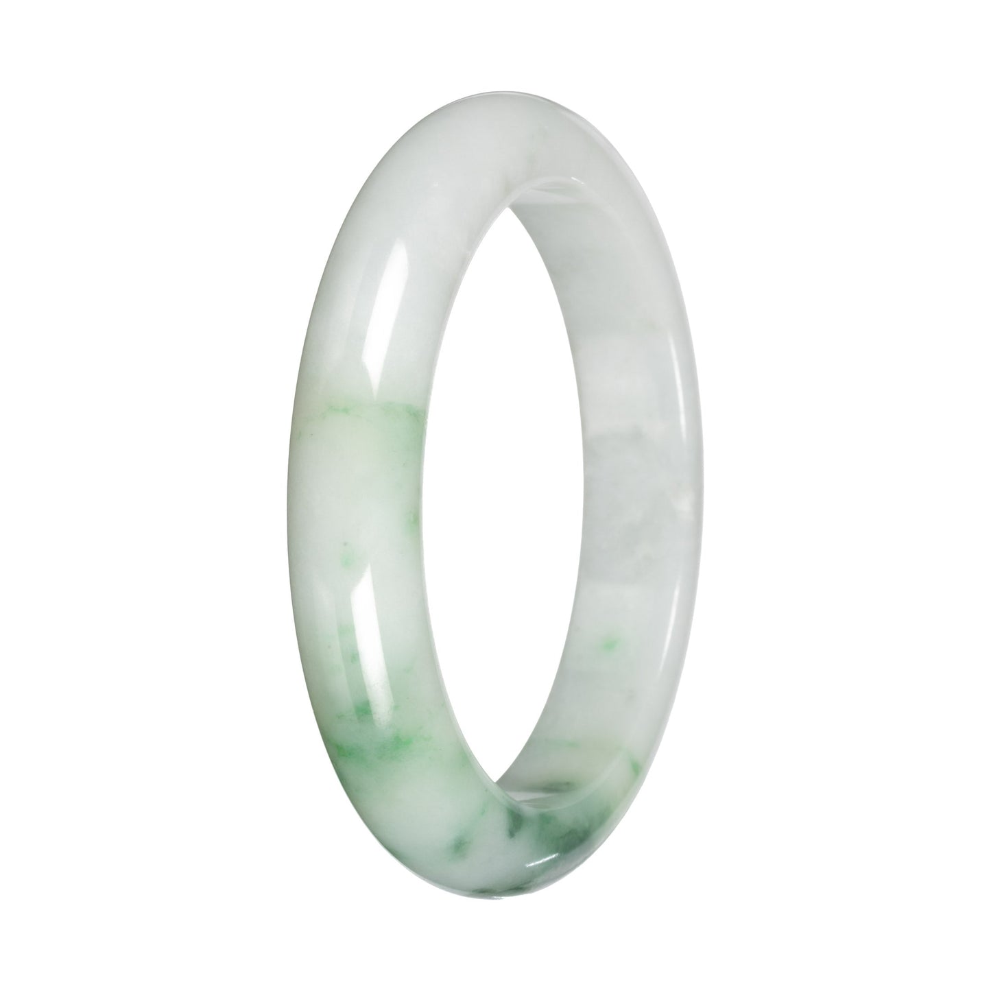Grade A White with Apple Green Pattern Traditional Jade Bangle - 55mm Half Moon