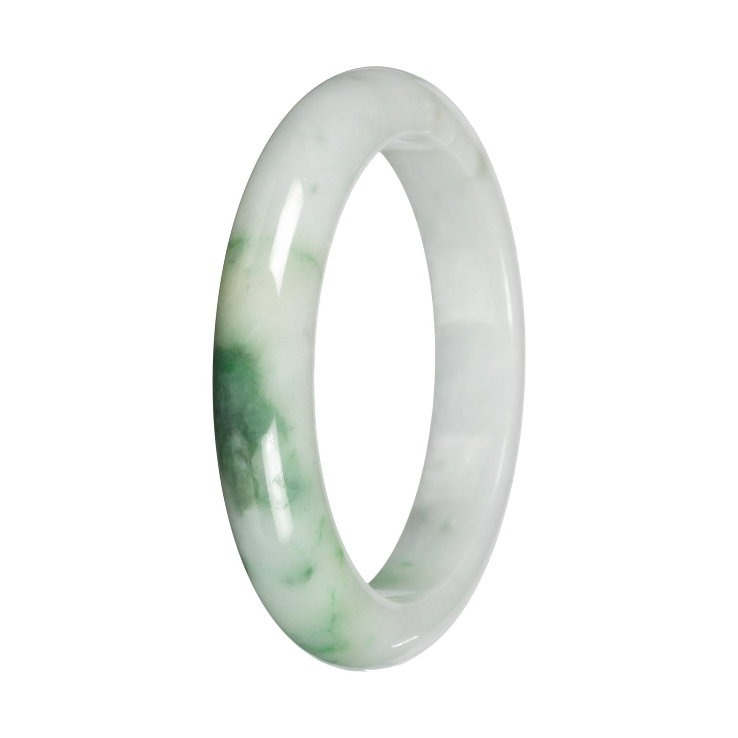 Grade A White with Apple Green Pattern Traditional Jade Bangle - 55mm Half Moon