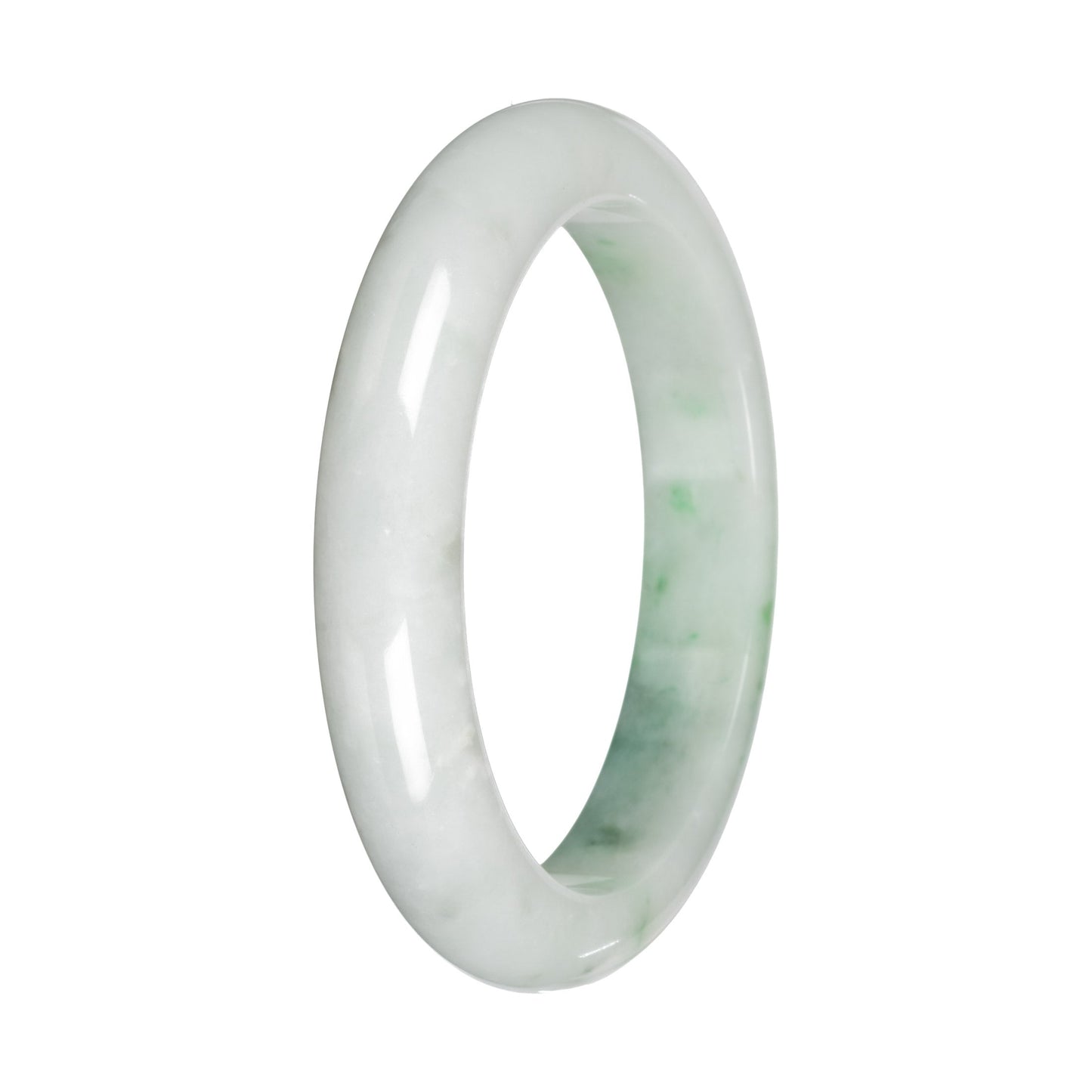 Grade A White with Apple Green Pattern Traditional Jade Bangle - 55mm Half Moon