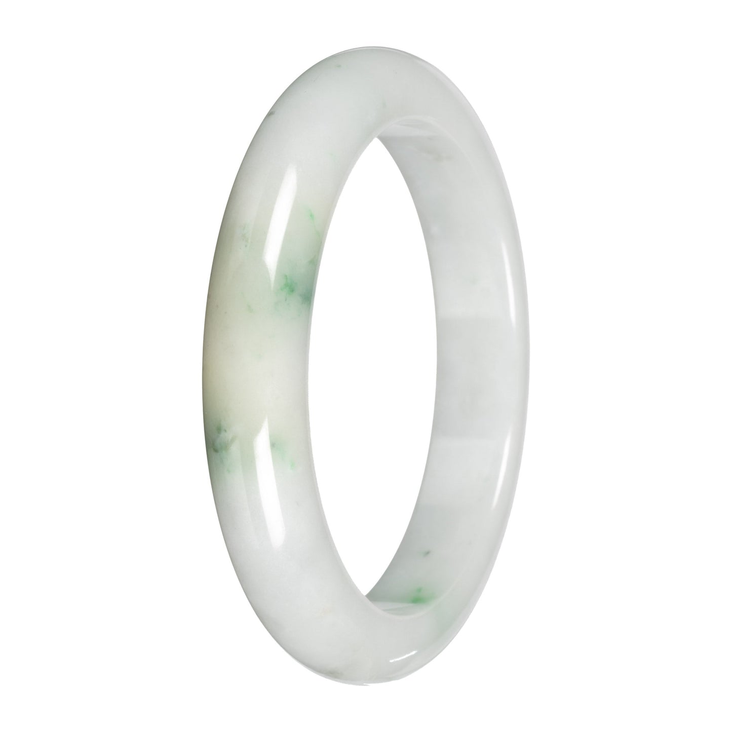Authentic White with Apple Green Patches Traditional Jade Bangle - 59mm Half Moon