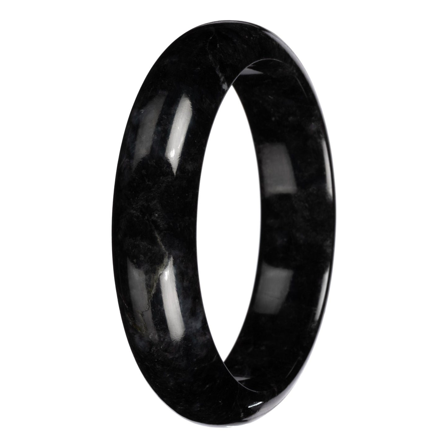 Natural Black with Dark Gray Pattern Burmese Jade Bangle Bracelet - 63mm Half Moon