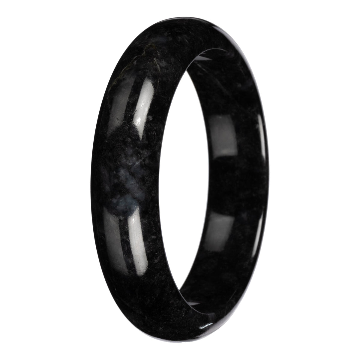 Natural Black with Dark Gray Pattern Burmese Jade Bangle Bracelet - 63mm Half Moon