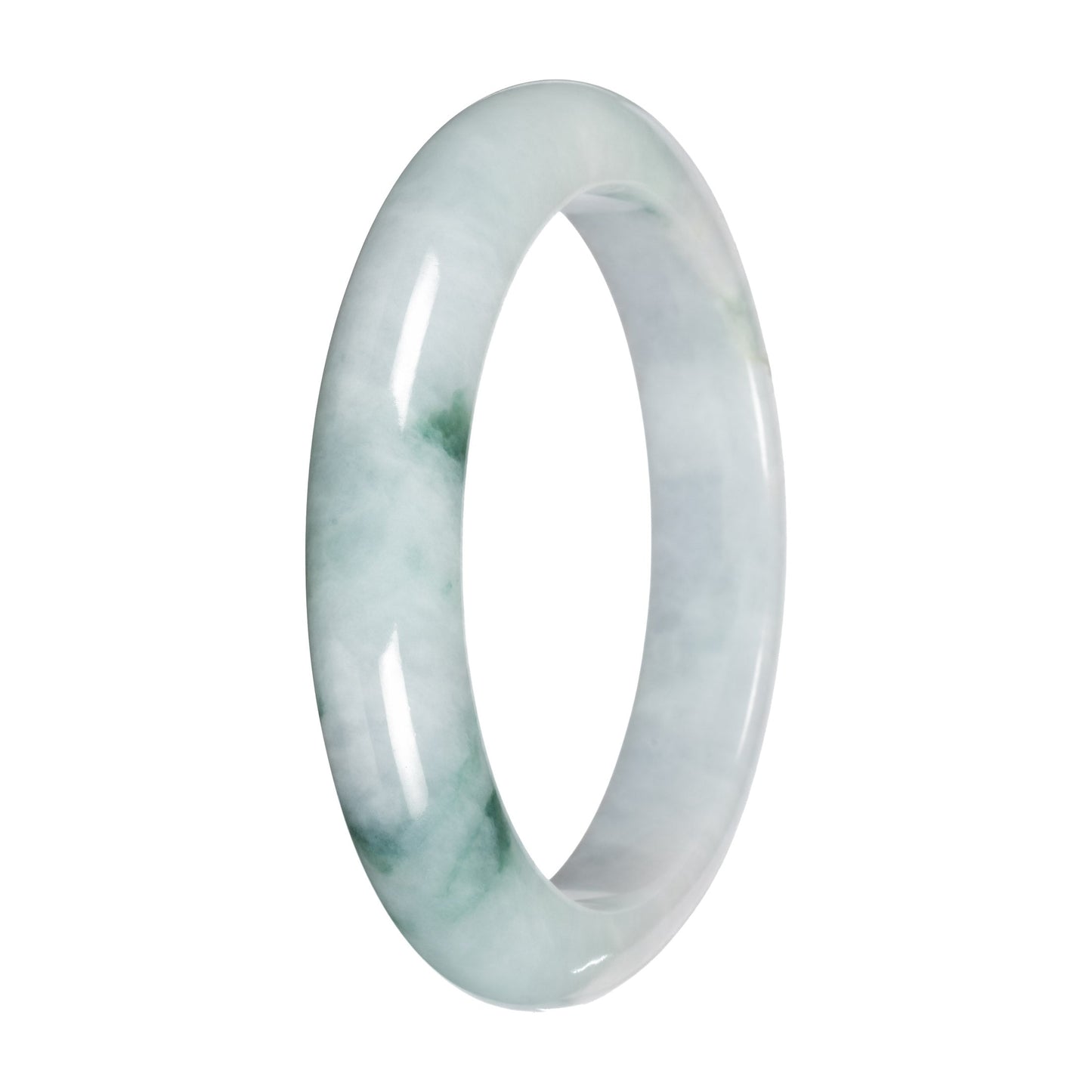 Authentic Light Green with Dark Green Patches Traditional Jade Bangle - 57mm Half Moon