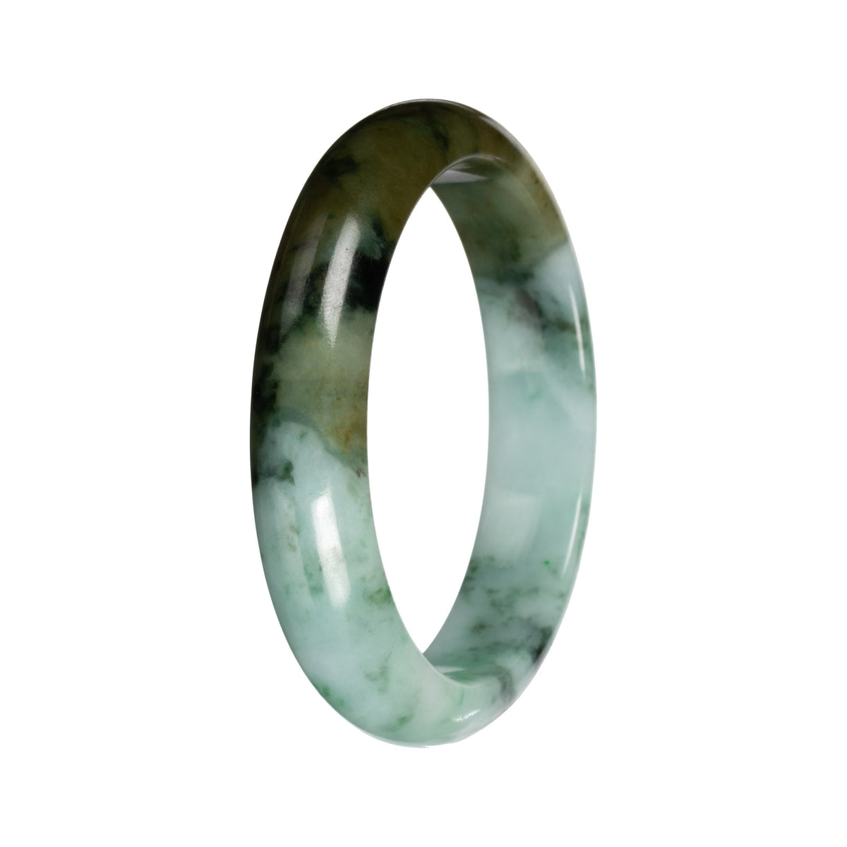 Real Green with Deep Olive Section and Deep Green Pattern Jade Bangle - 53mm Half Moon