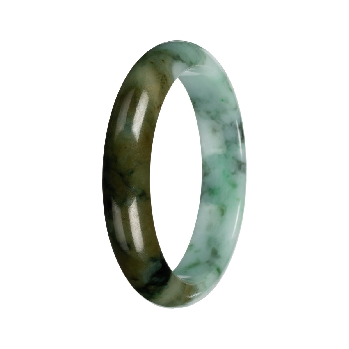 Real Green with Deep Olive Section and Deep Green Pattern Jade Bangle - 53mm Half Moon