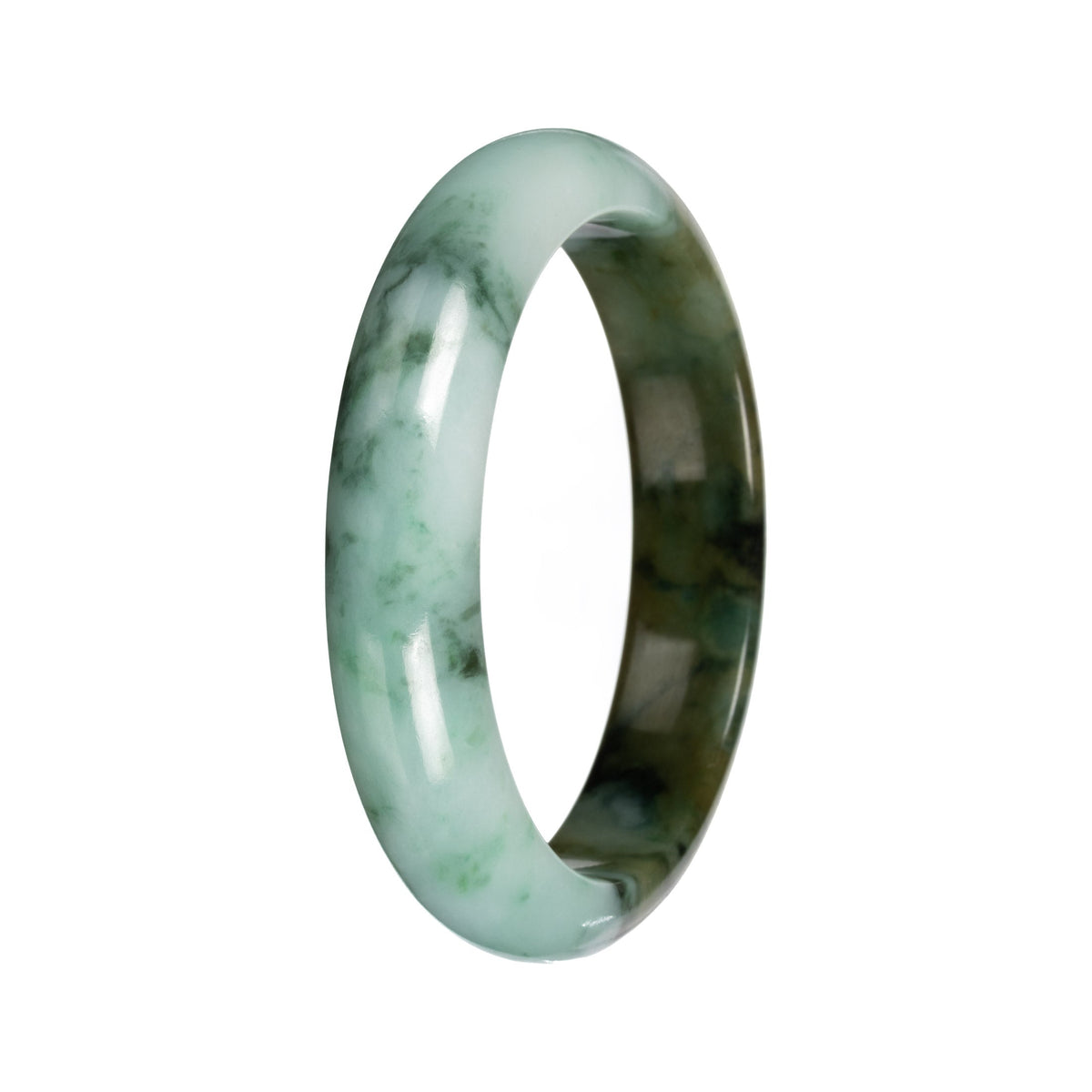 Real Green with Deep Olive Section and Deep Green Pattern Jade Bangle - 53mm Half Moon