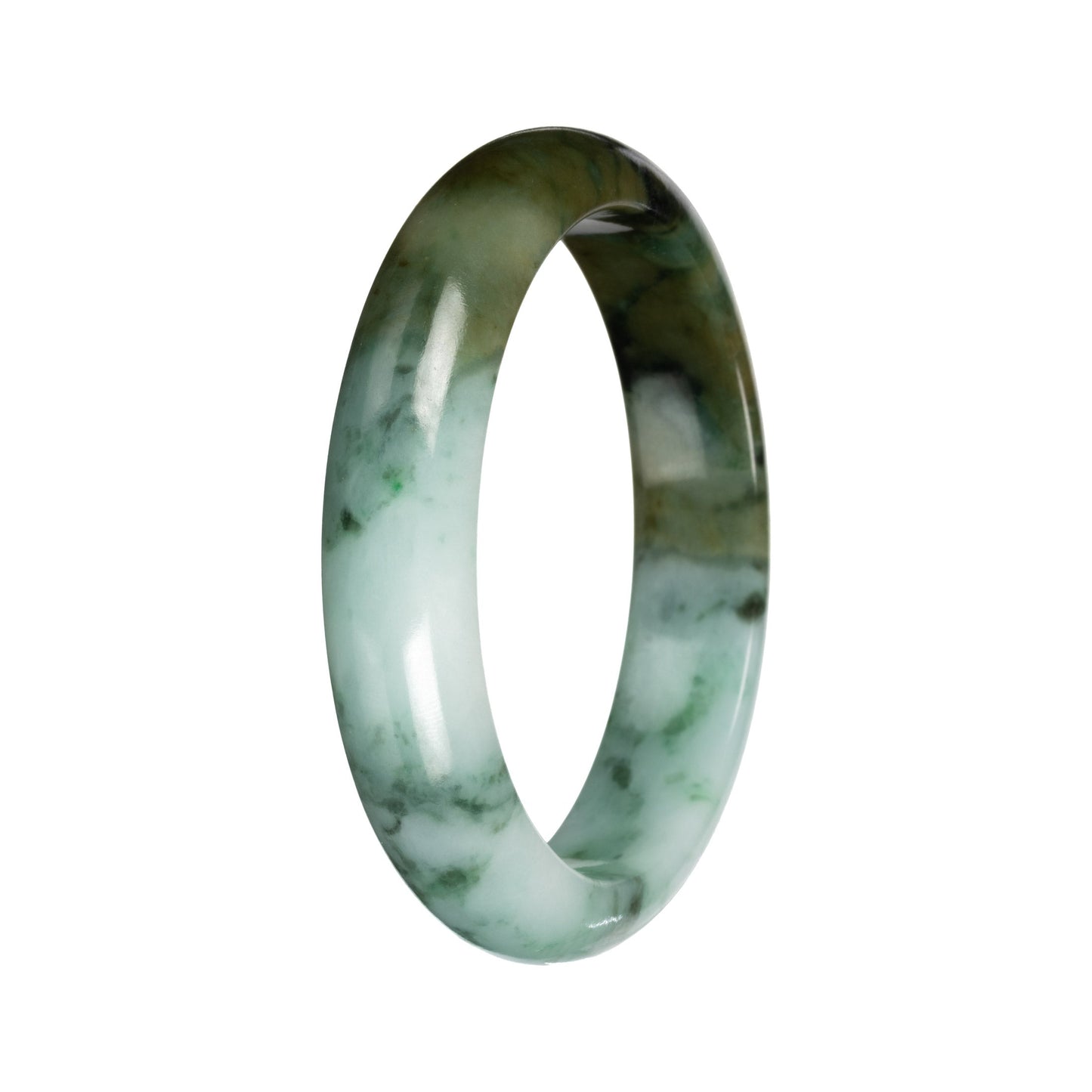 Real Green with Deep Olive Section and Deep Green Pattern Jade Bangle - 53mm Half Moon
