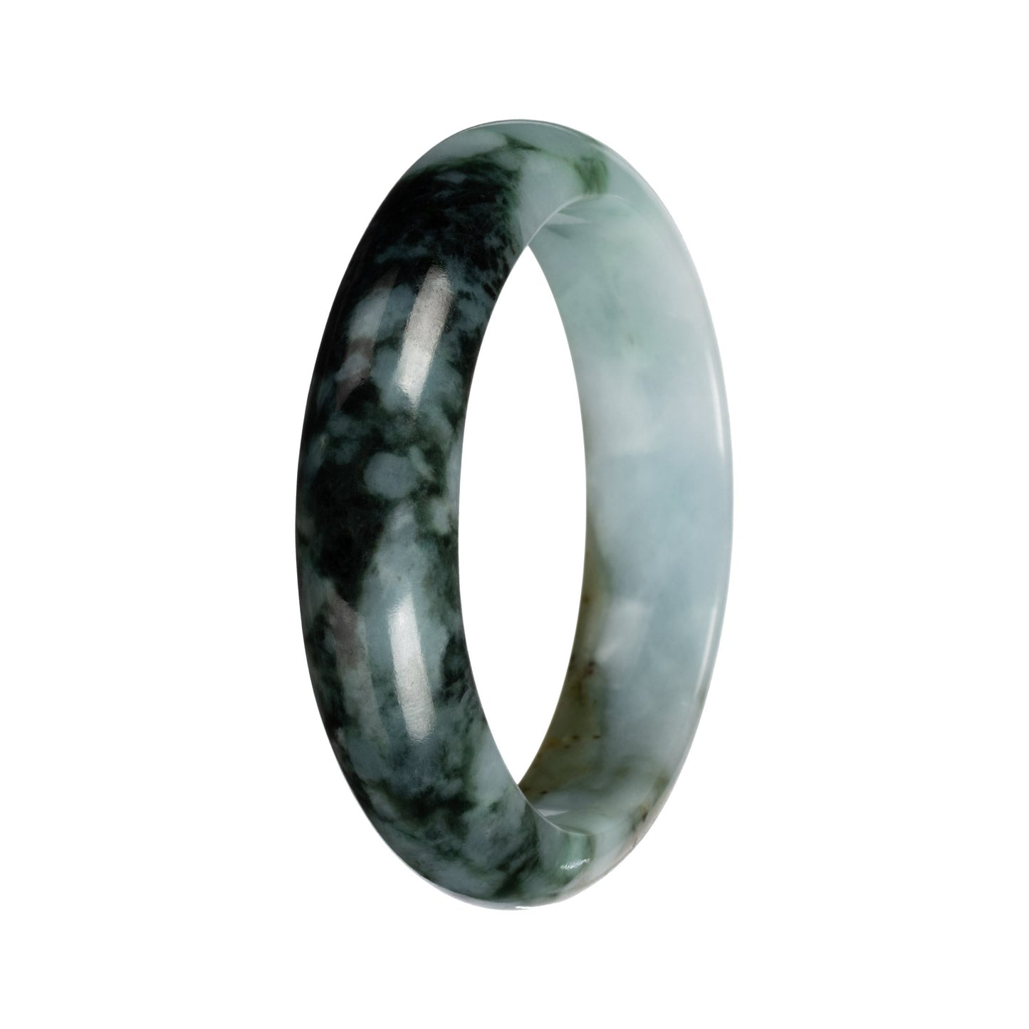 Natural Green with Deep Green Pattern and Olive Patch Jade Bangle - 53mm Half Moon