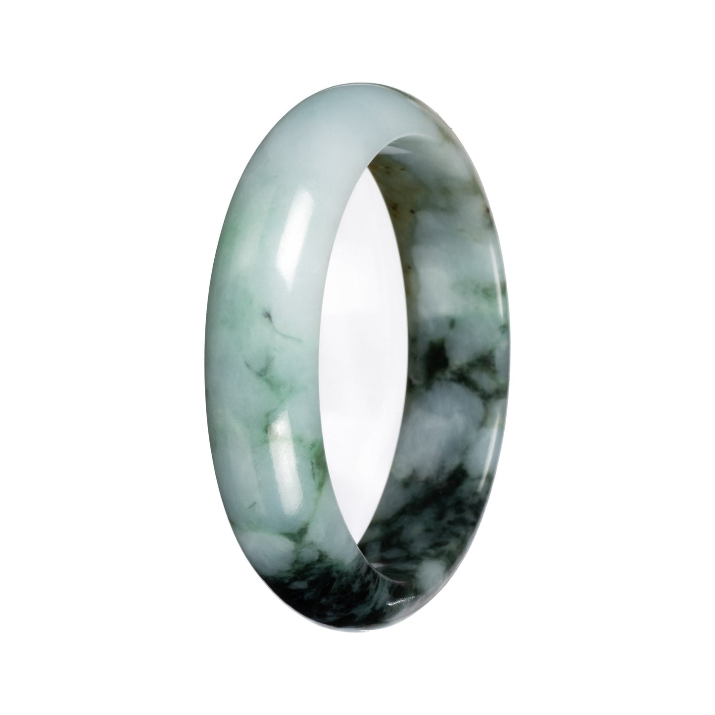 Natural Green with Deep Green Pattern and Olive Patch Jade Bangle - 53mm Half Moon