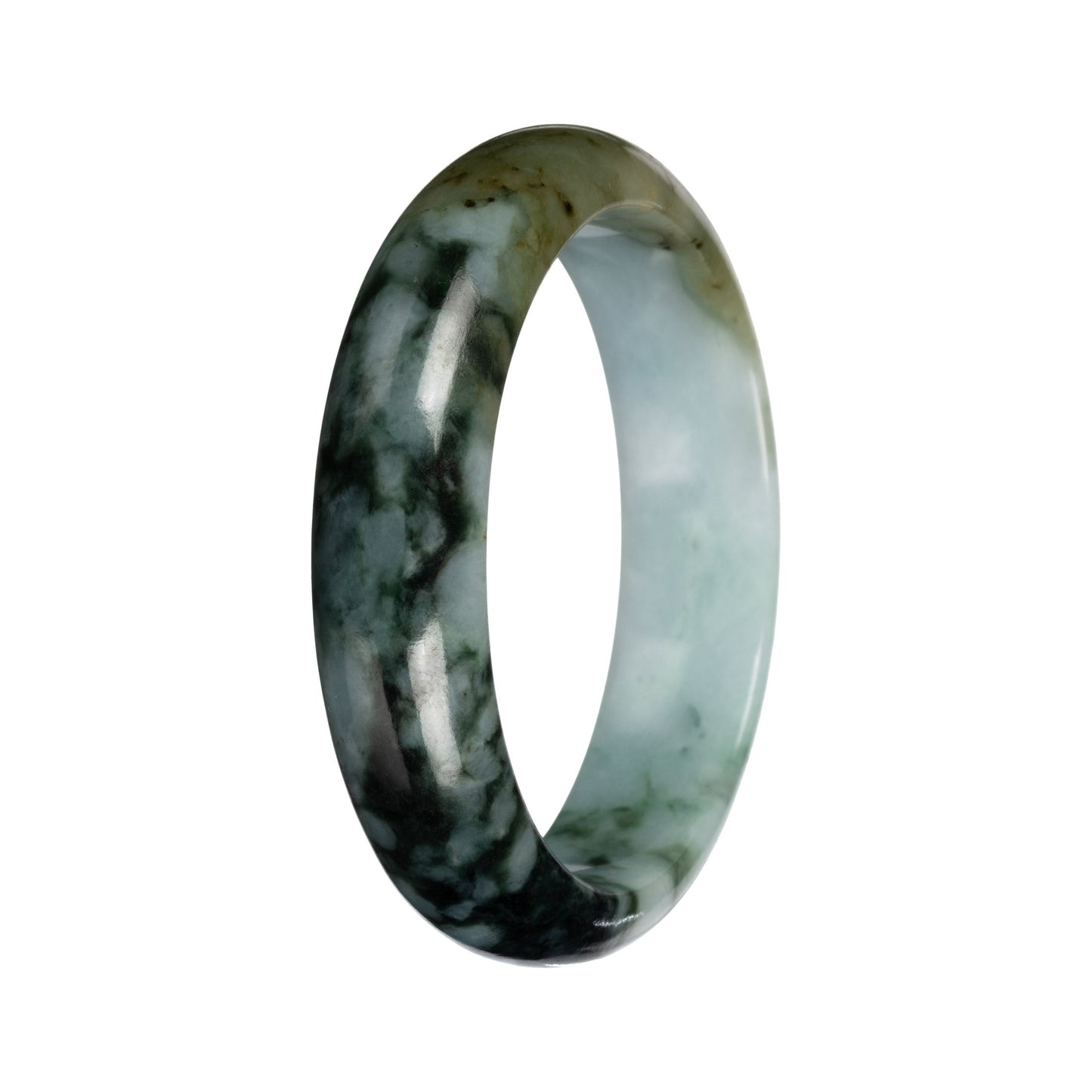 Natural Green with Deep Green Pattern and Olive Patch Jade Bangle - 53mm Half Moon