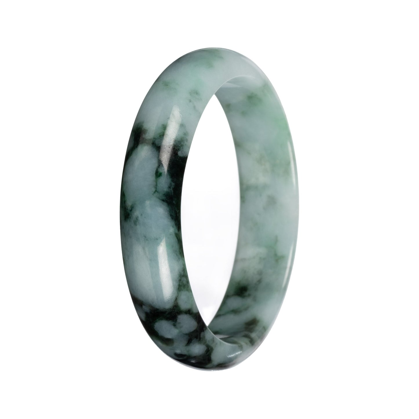 Real Light Green with Deep Green Pattern Burmese Jade Bangle Bracelet - 54mm Half Moon