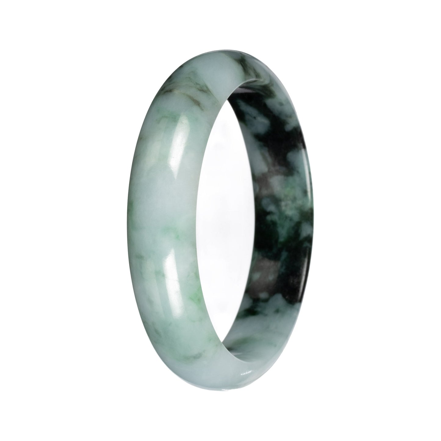Real Light Green with Deep Green Pattern Burmese Jade Bangle Bracelet - 54mm Half Moon