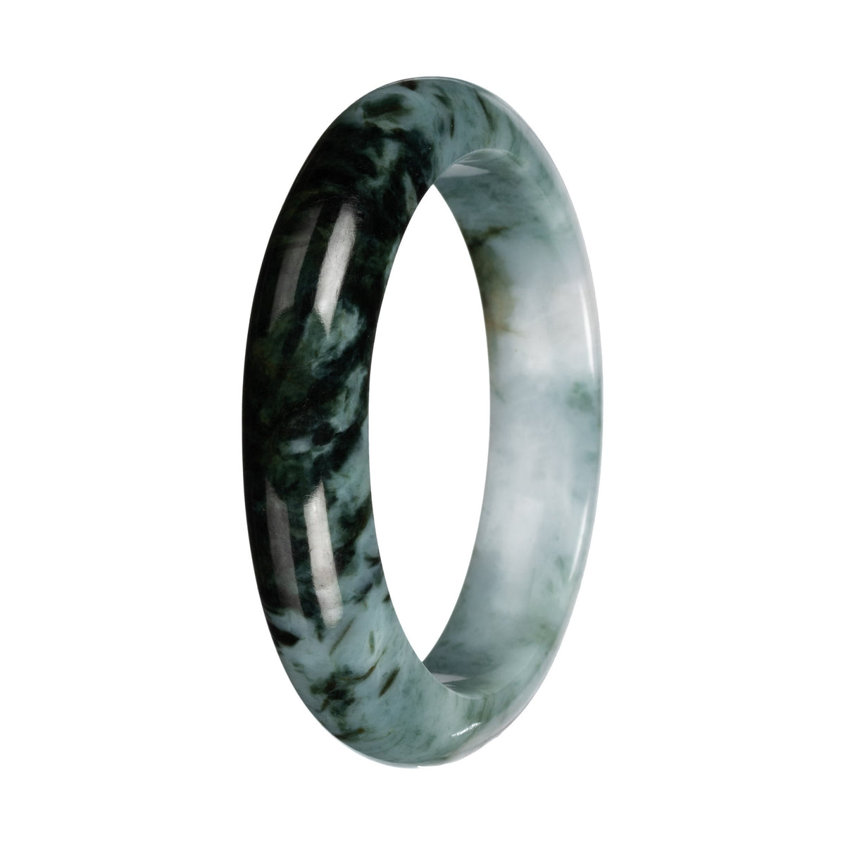 Genuine Green and White with Deep Green Section Burmese Jade Bangle - 55mm Half Moon
