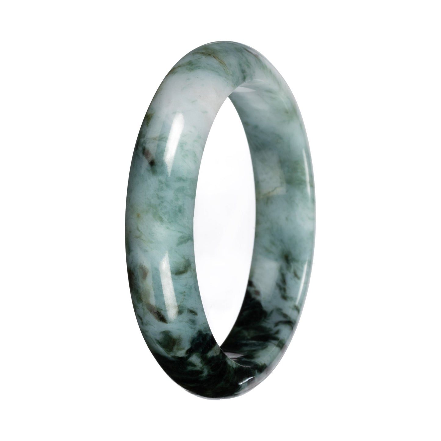 Genuine Green and White with Deep Green Section Burmese Jade Bangle - 55mm Half Moon