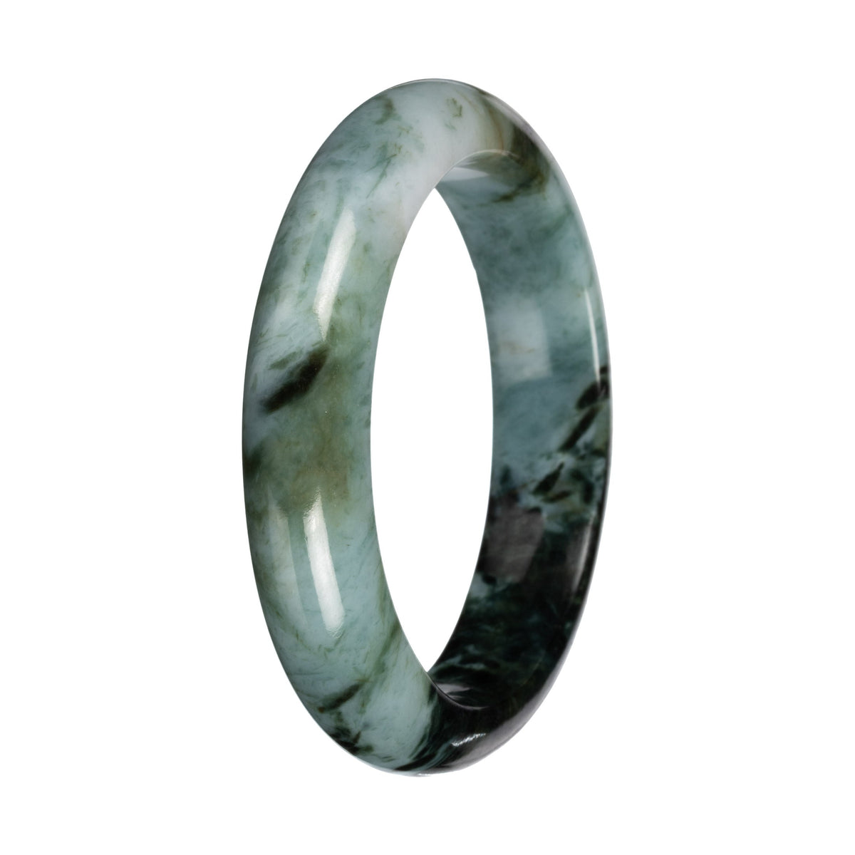 Genuine Green and White with Deep Green Section Burmese Jade Bangle - 55mm Half Moon