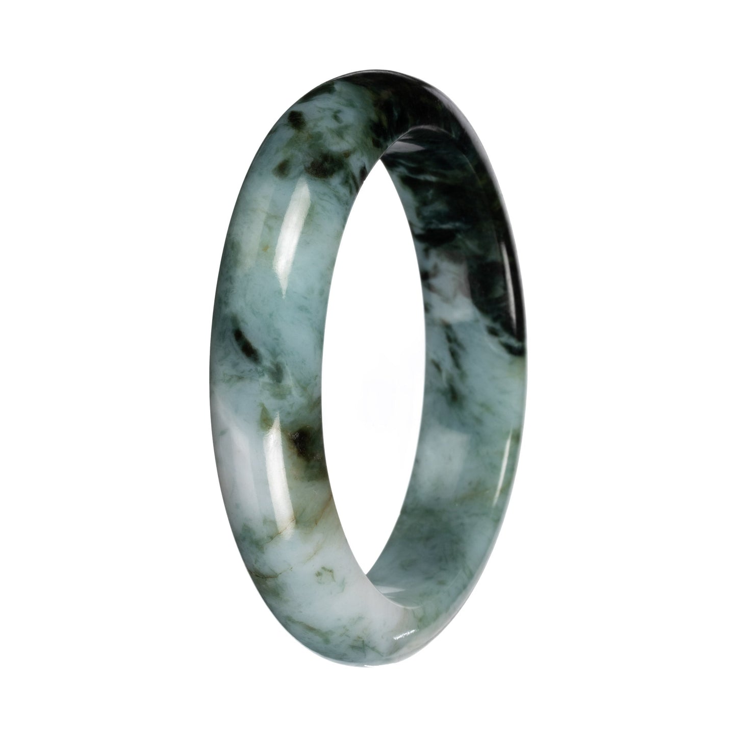 Genuine Green and White with Deep Green Section Burmese Jade Bangle - 55mm Half Moon