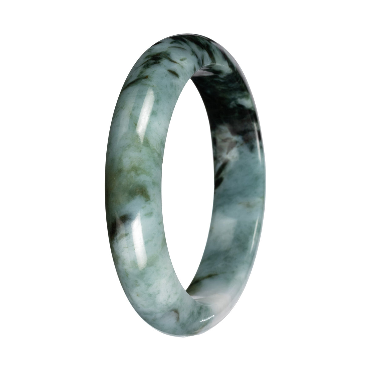 Genuine Green and White with Deep Green Section Burmese Jade Bangle - 55mm Half Moon