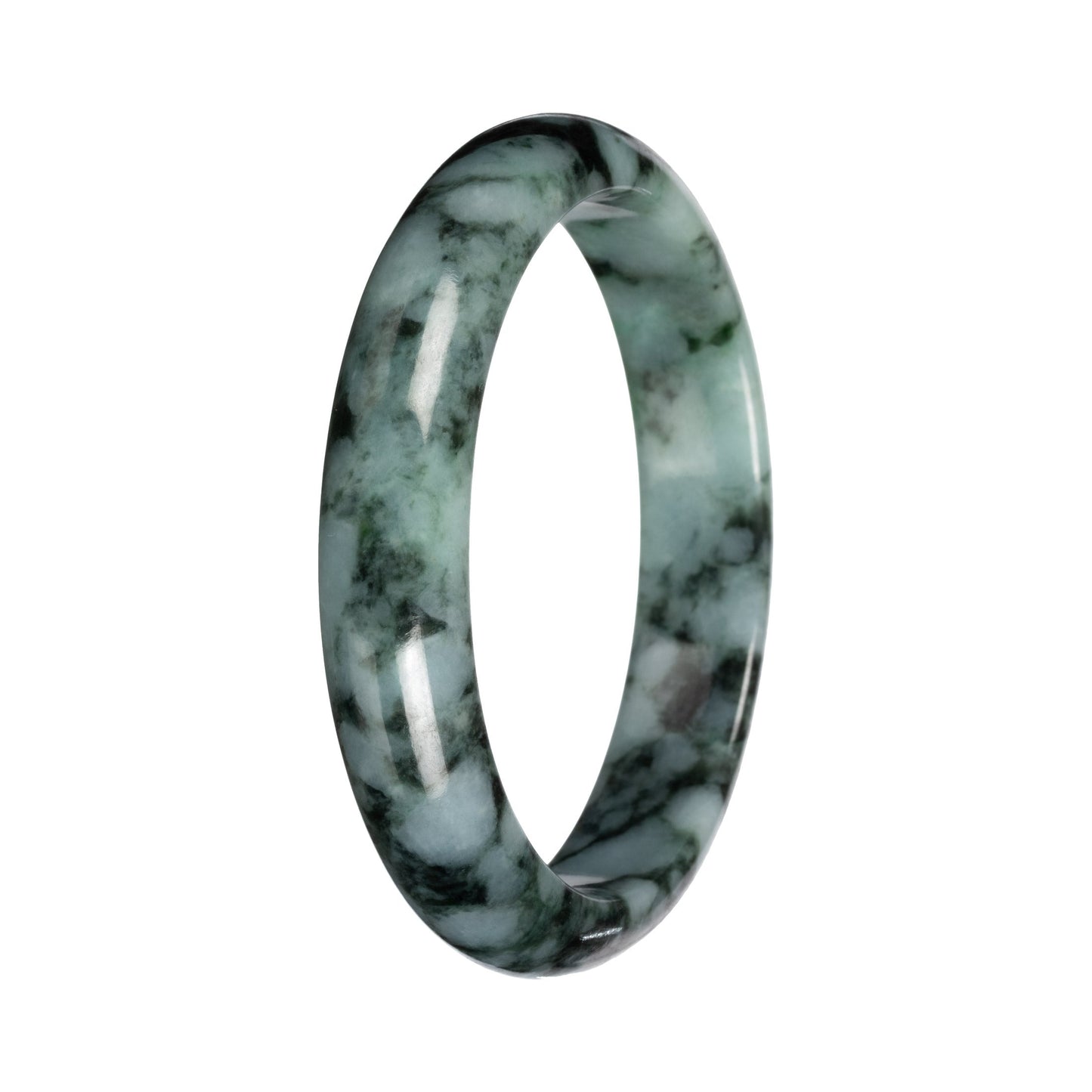 Real Green with Deep Green Pattern Burmese Jade Bangle - 56mm Half Moon