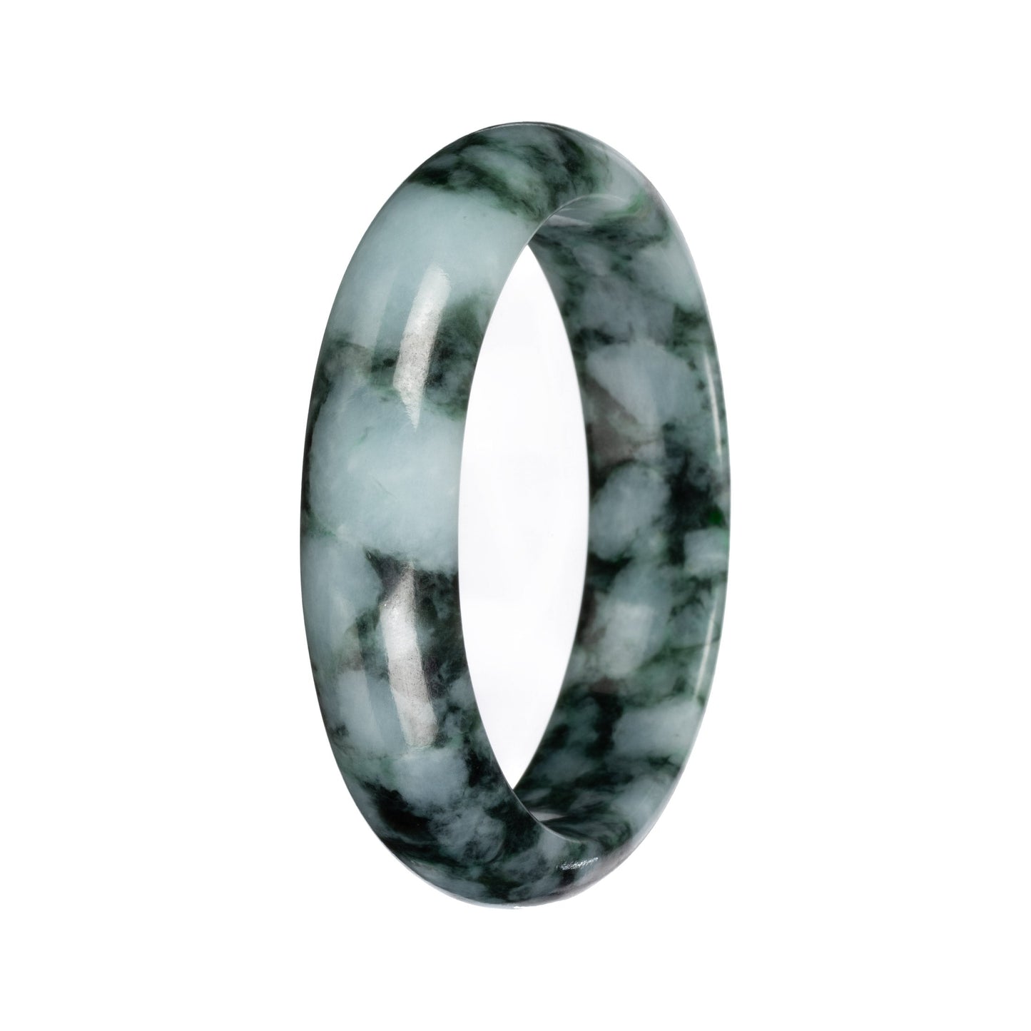 Grade A Green with Deep Green Pattern Burmese Jade Bangle Bracelet - 53mm Half Moon