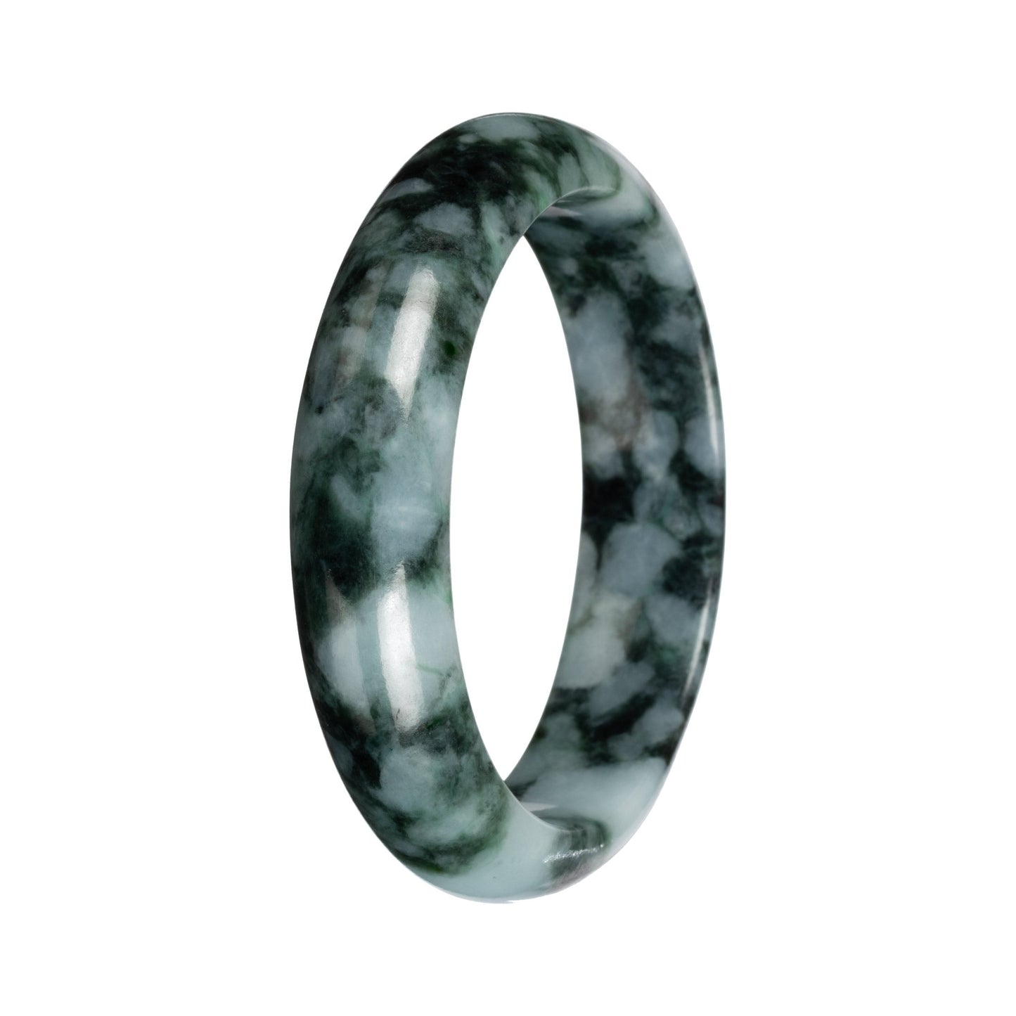 Grade A Green with Deep Green Pattern Burmese Jade Bangle Bracelet - 53mm Half Moon
