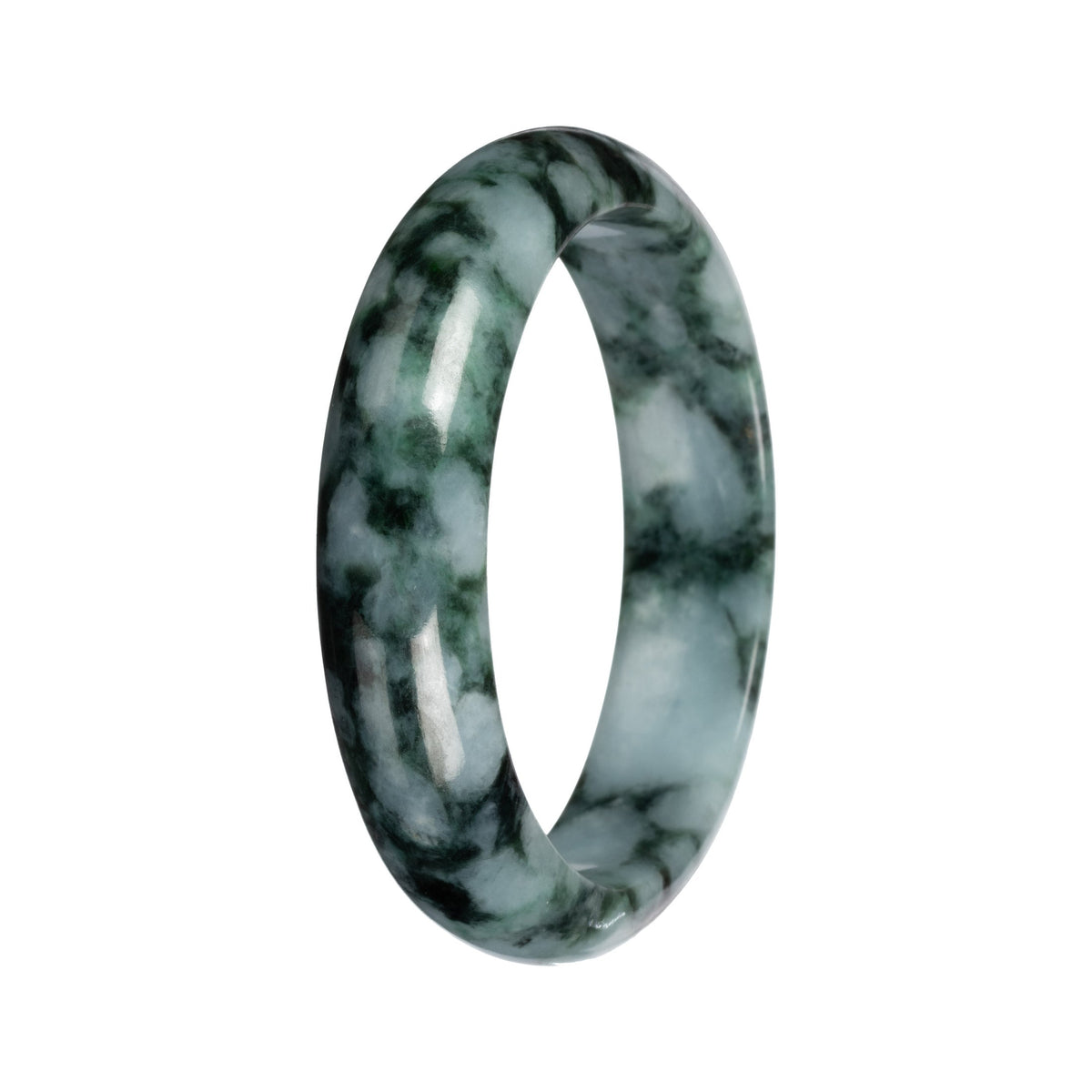 Grade A Green with Deep Green Pattern Burmese Jade Bangle Bracelet - 53mm Half Moon