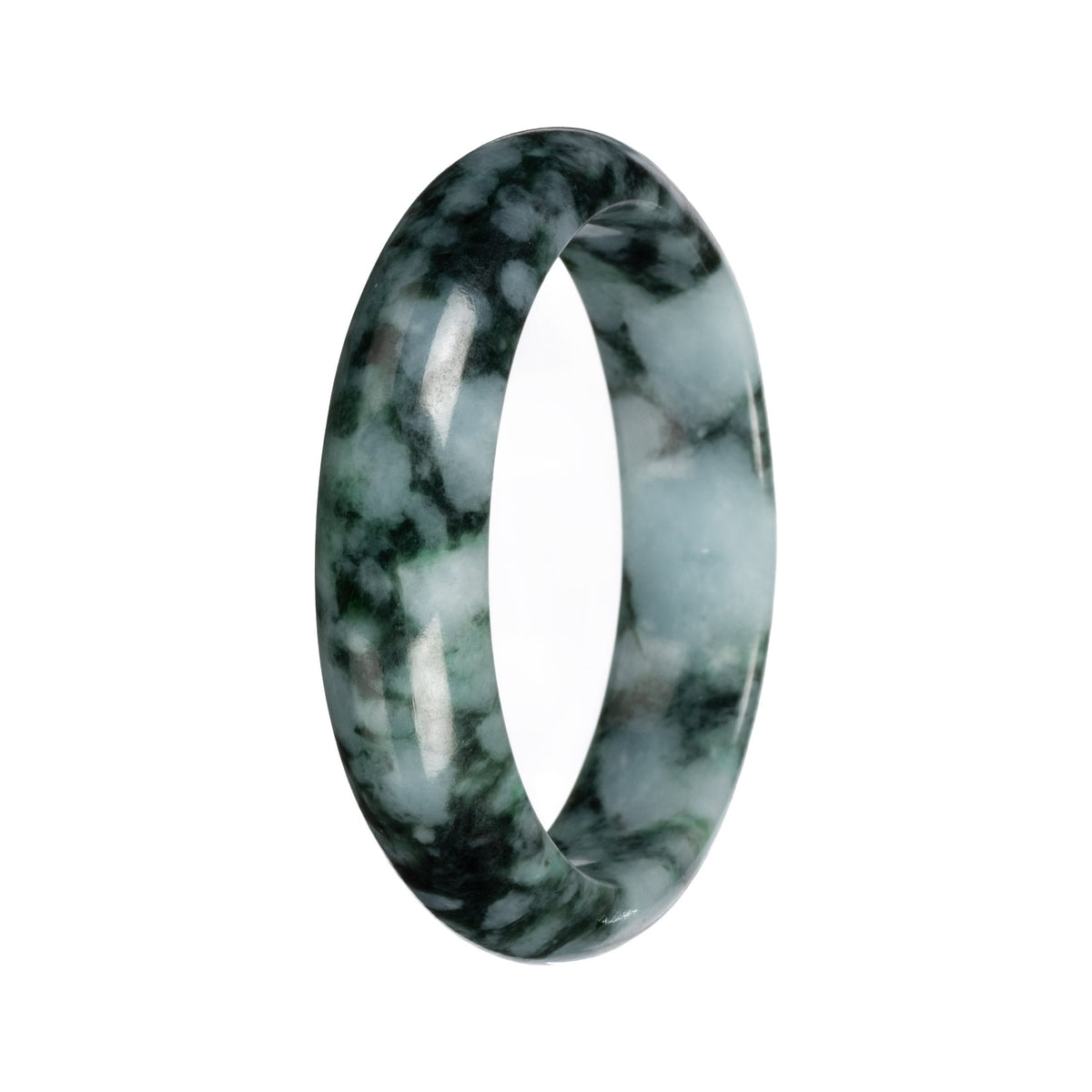 Grade A Green with Deep Green Pattern Burmese Jade Bangle Bracelet - 53mm Half Moon