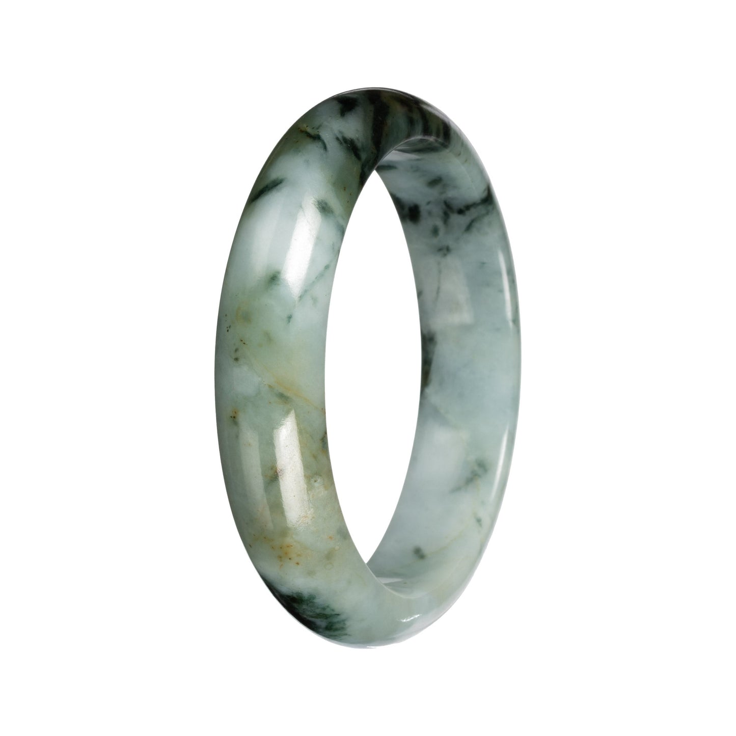 Untreated Light Green with Deep Green and Olive Green Pattern Jade Bangle Bracelet - 53mm Half Moon