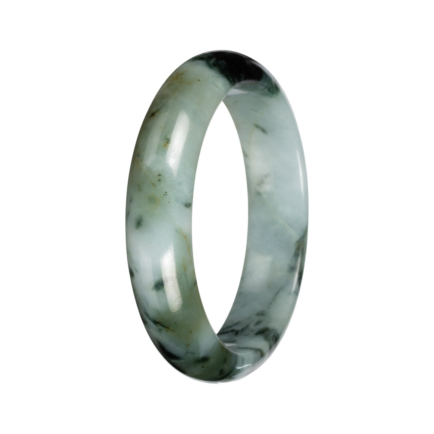 Untreated Light Green with Deep Green and Olive Green Pattern Jade Bangle Bracelet - 53mm Half Moon