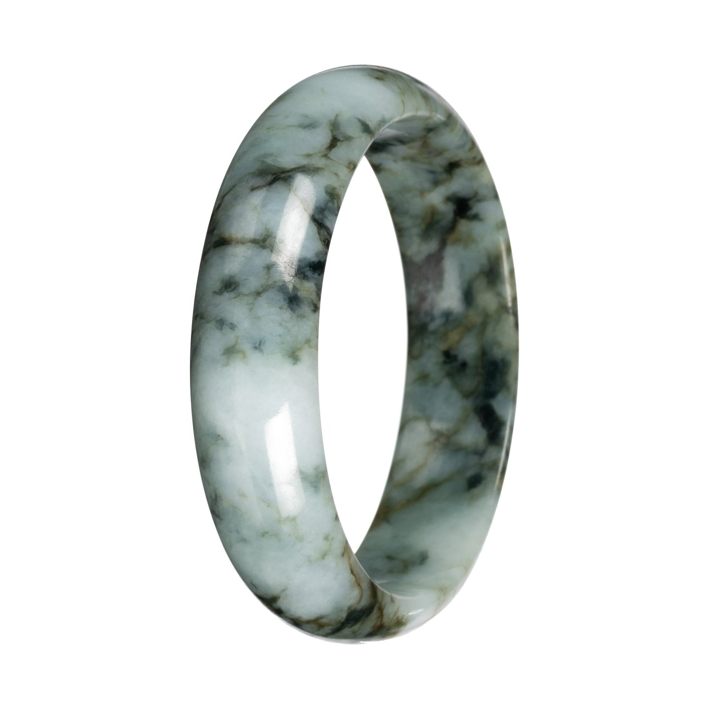 Untreated Light Green with Deep Green and Olive Green Pattern Jade Bangle - 58mm Half Moon