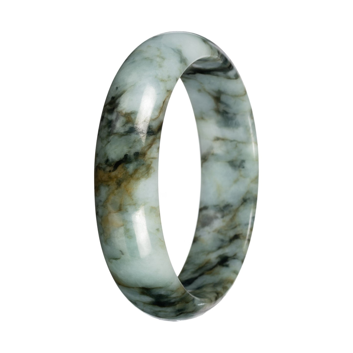 Untreated Light Green with Deep Green and Olive Green Pattern Jade Bangle - 58mm Half Moon