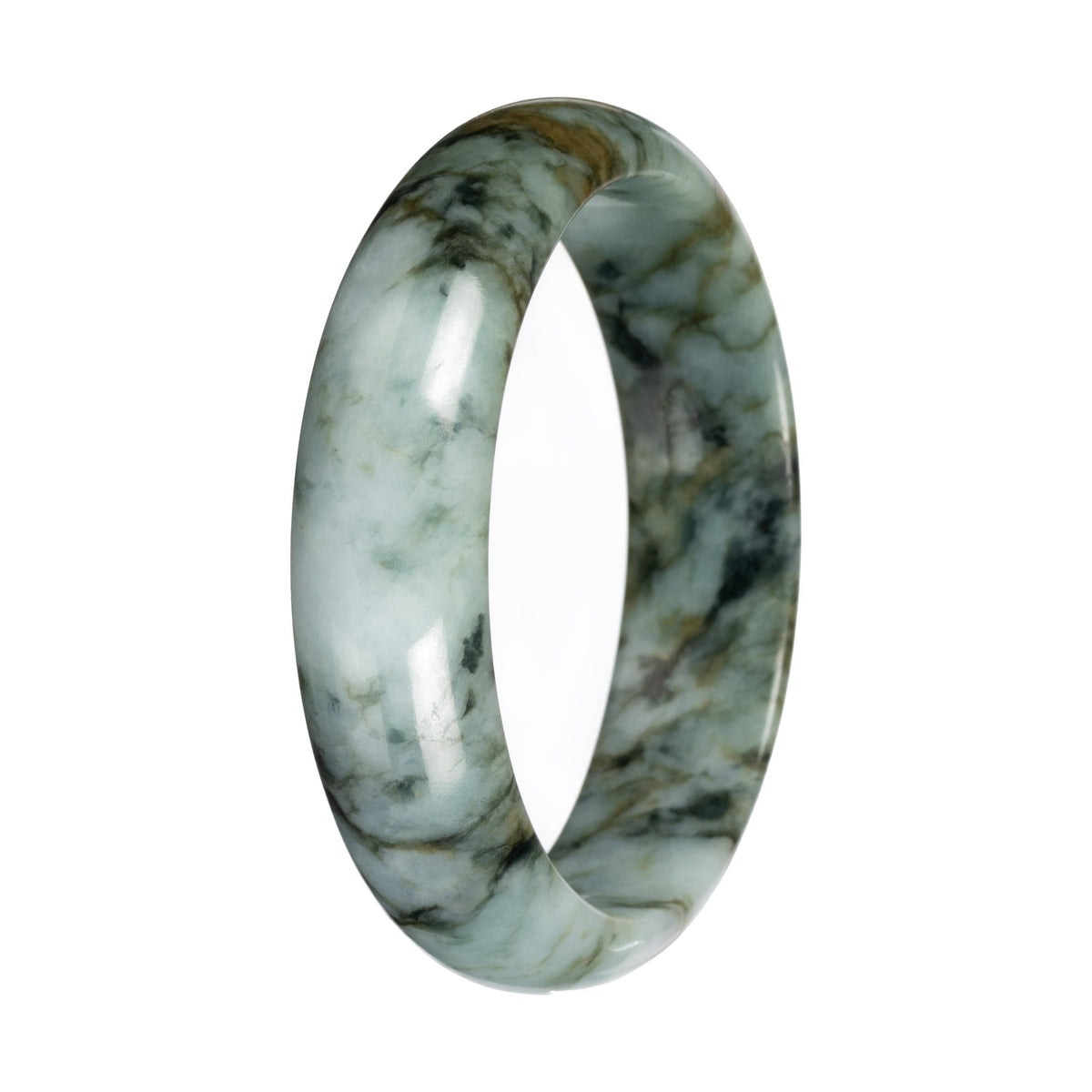 Untreated Light Green with Deep Green and Olive Green Pattern Jade Bangle - 58mm Half Moon