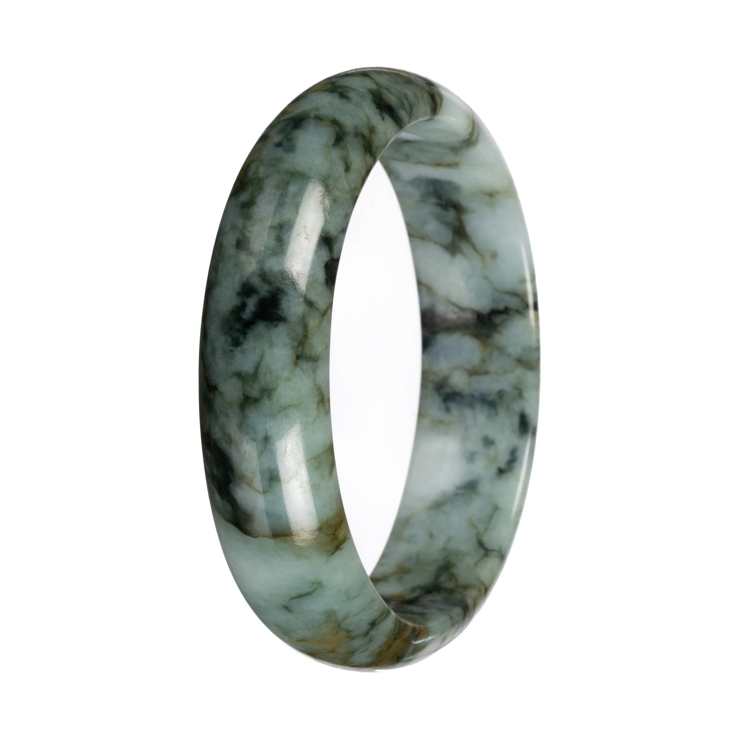 Untreated Light Green with Deep Green and Olive Green Pattern Jade Bangle - 58mm Half Moon