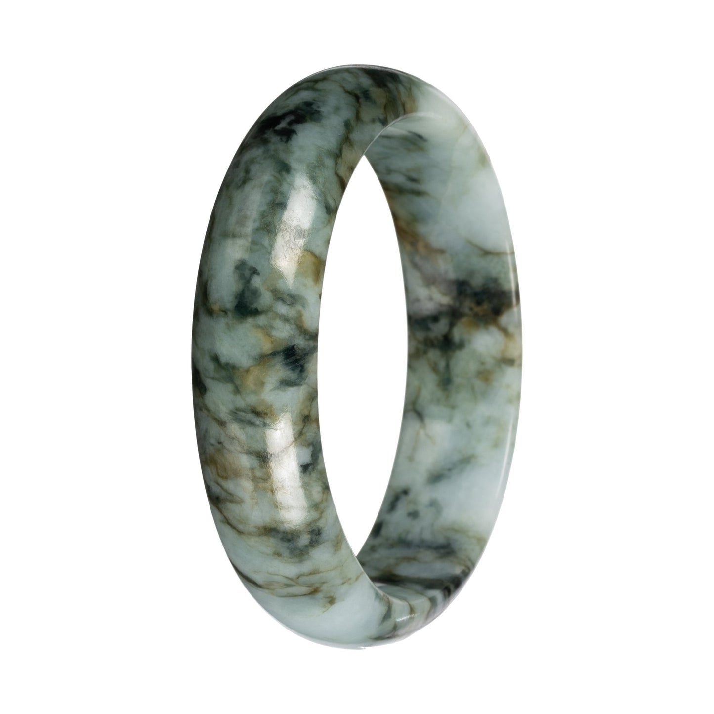 Untreated Light Green with Deep Green and Olive Green Pattern Jade Bangle - 58mm Half Moon