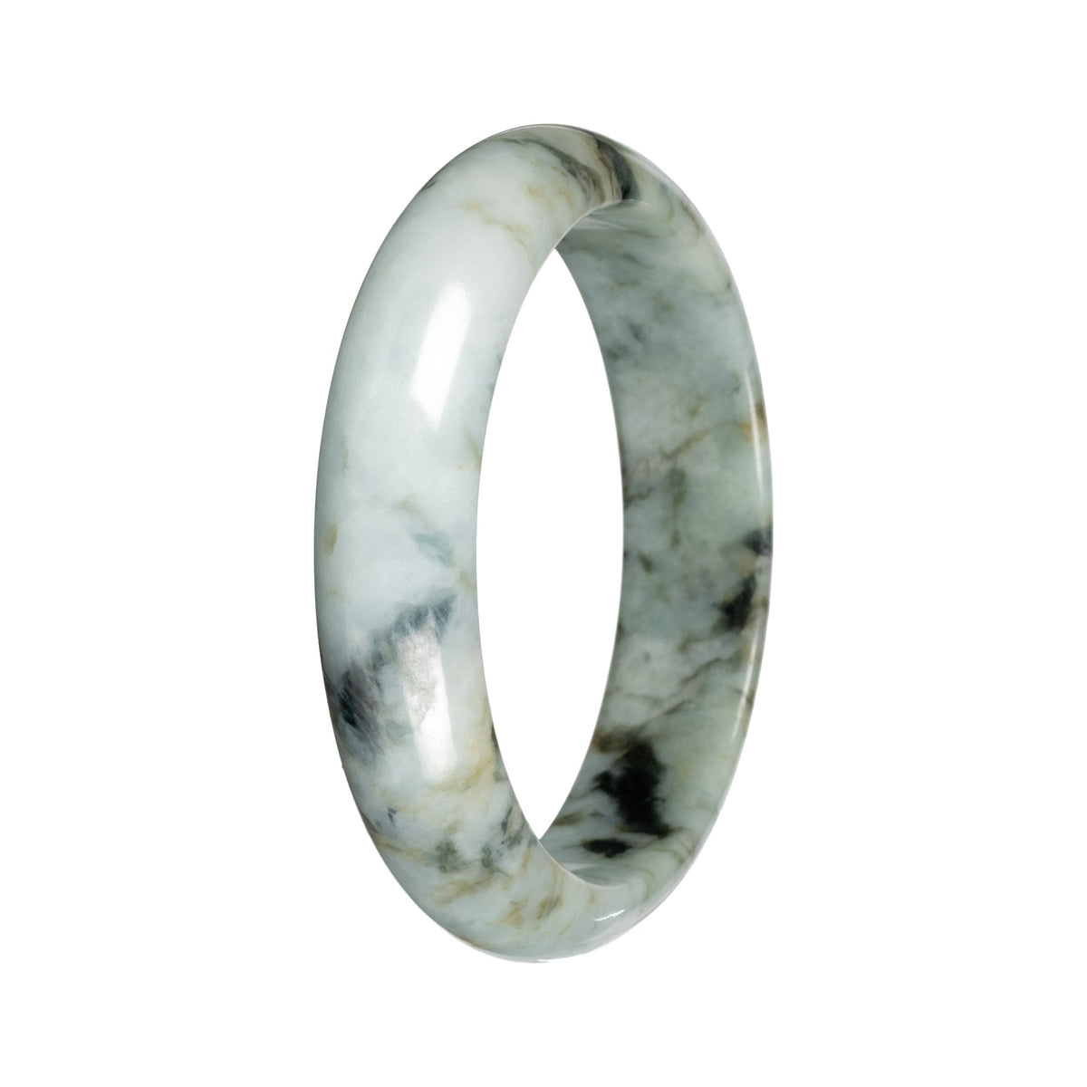 Untreated Light Green with Deep Green and Olive Green Pattern Traditional Jade Bangle - 55mm Half Moon