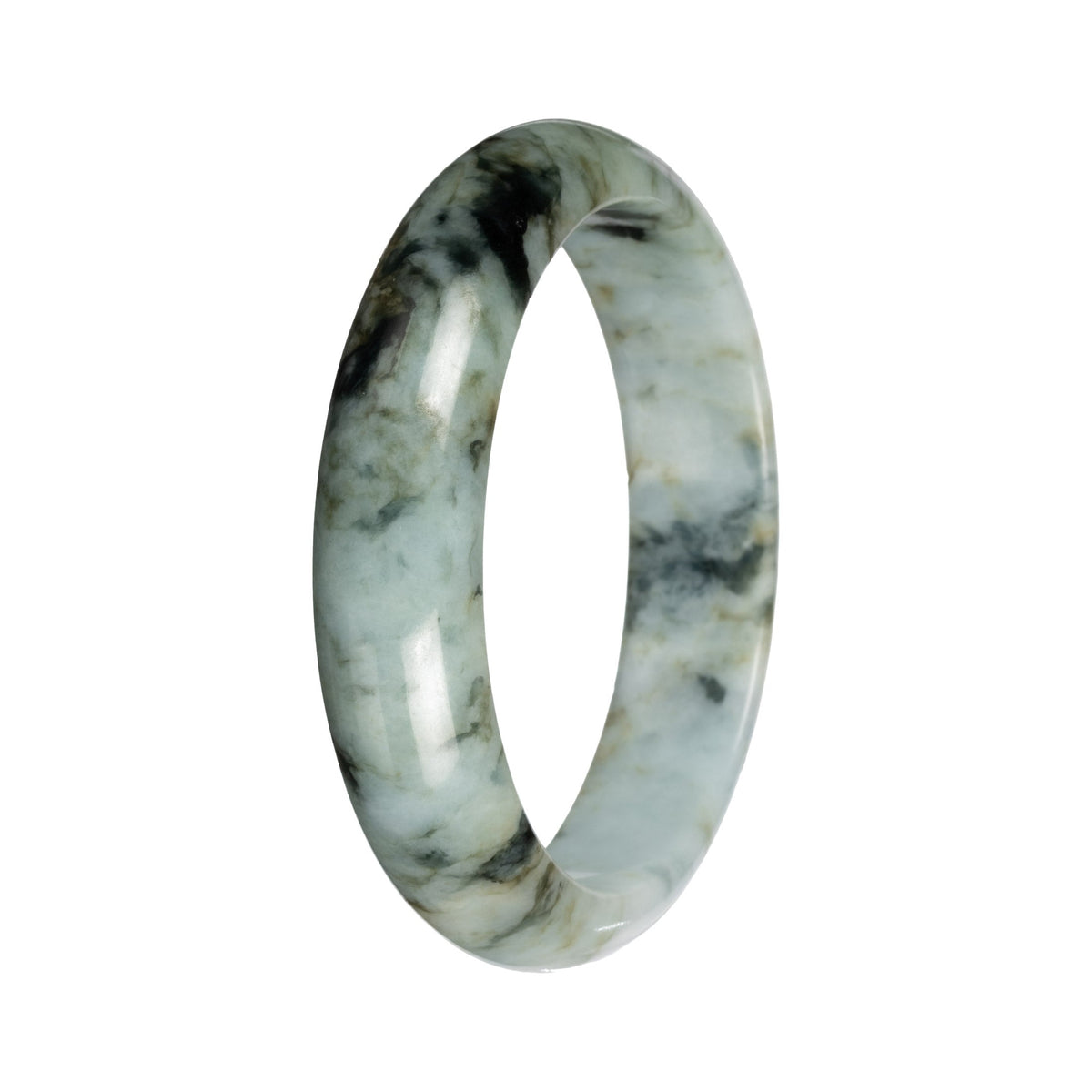 Untreated Light Green with Deep Green and Olive Green Pattern Traditional Jade Bangle - 55mm Half Moon