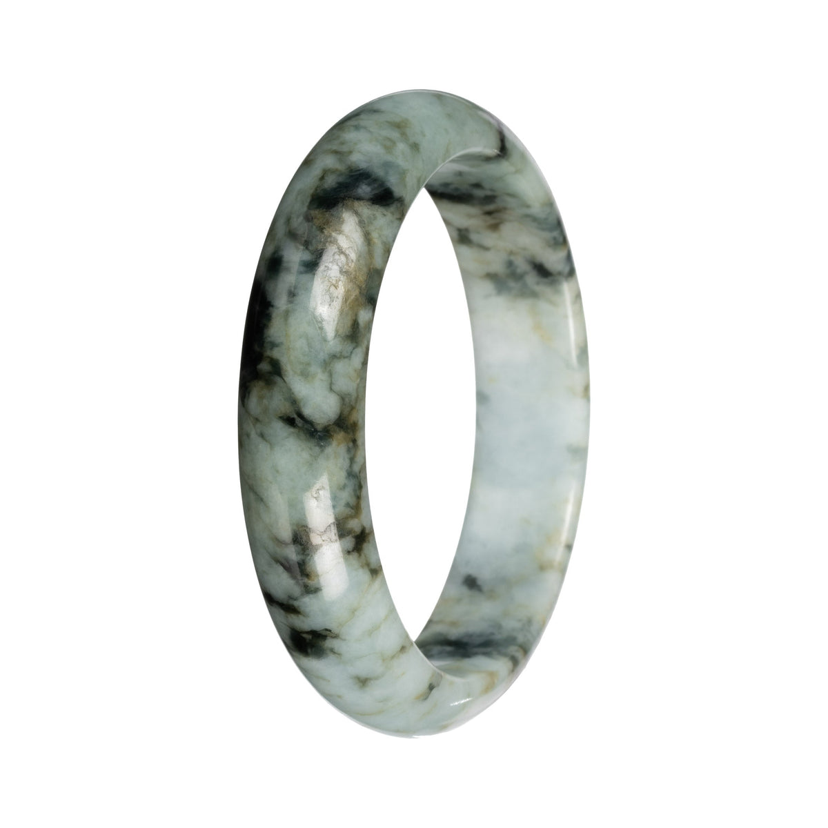 Untreated Light Green with Deep Green and Olive Green Pattern Traditional Jade Bangle - 55mm Half Moon